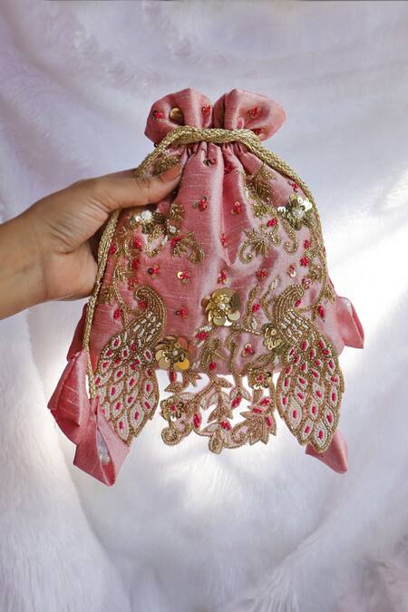 Shop_Soho Boho Studio By Aarti Thakur_Pink Pearls, Crystals Silk Peacock Embellished Potli _Online_at_Aza_Fashions