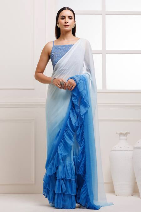 Geroo Jaipur_Blue Chiffon Embroidery Square Neck Pre-draped Ruffle Saree With Blouse_at_Aza_Fashions