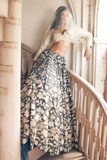 Shop_Paulmi And Harsh_Green Silk, Net, Chiffon Sequins, Vintage Floral Print Lehenga Blouse Set _Online_at_Aza_Fashions