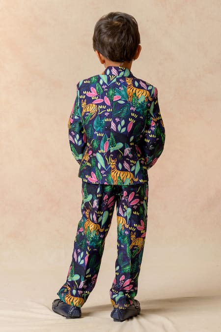 Shop Thetaa Blue Polyester, Satin, Silk Midnight Jungle Print Blazer Coat Pant Set at Aza Fashions Shop_Thetaa_Blue Polyester, Satin, Silk Midnight Jungle Print Blazer Coat Pant Set _at_Aza_Fashions