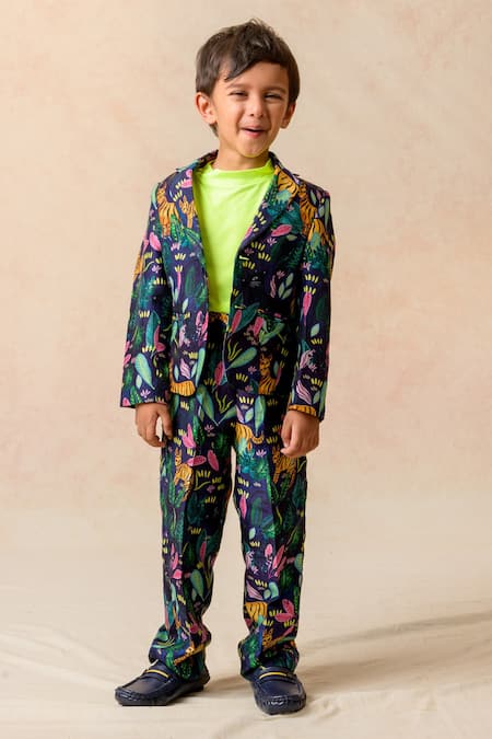 Buy Thetaa Blue Polyester, Satin, Silk Midnight Jungle Print Blazer Coat Pant Set Online at Aza Fashions Buy_Thetaa_Blue Polyester, Satin, Silk Midnight Jungle Print Blazer Coat Pant Set _Online_at_Aza_Fashions