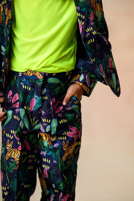 Thetaa Blue Polyester, Satin, Silk Midnight Jungle Print Blazer Coat Pant Set at Aza Fashions Thetaa_Blue Polyester, Satin, Silk Midnight Jungle Print Blazer Coat Pant Set _at_Aza_Fashions