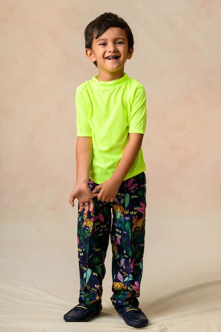 Buy Thetaa Blue Polyester, Satin, Silk Midnight Jungle Print Blazer Coat Pant Set Buy_Thetaa_Blue Polyester, Satin, Silk Midnight Jungle Print Blazer Coat Pant Set