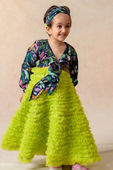 Thetaa_Blue Net, Silk Ruffles, Mystic Jungle Print Gown With Matching Headband _Online_at_Aza_Fashions