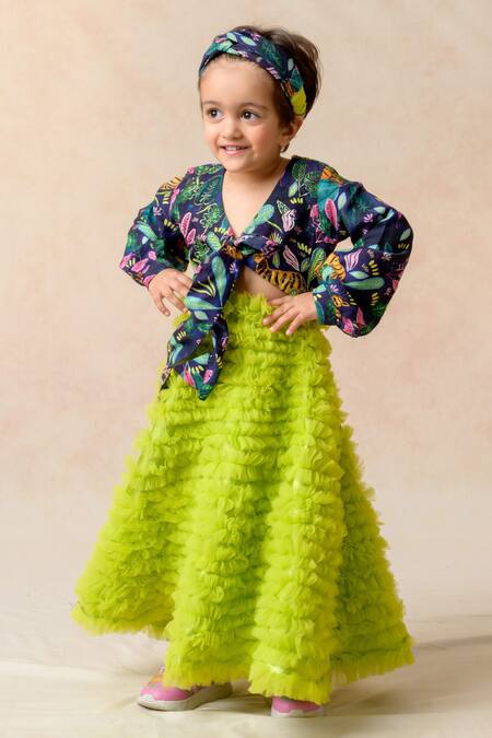 Buy_Thetaa_Blue Net, Silk Ruffles, Mystic Jungle Print Gown With Matching Headband _Online_at_Aza_Fashions