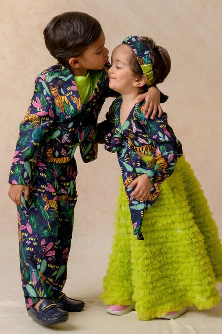 Shop_Thetaa_Blue Net, Silk Ruffles, Mystic Jungle Print Gown With Matching Headband _Online_at_Aza_Fashions