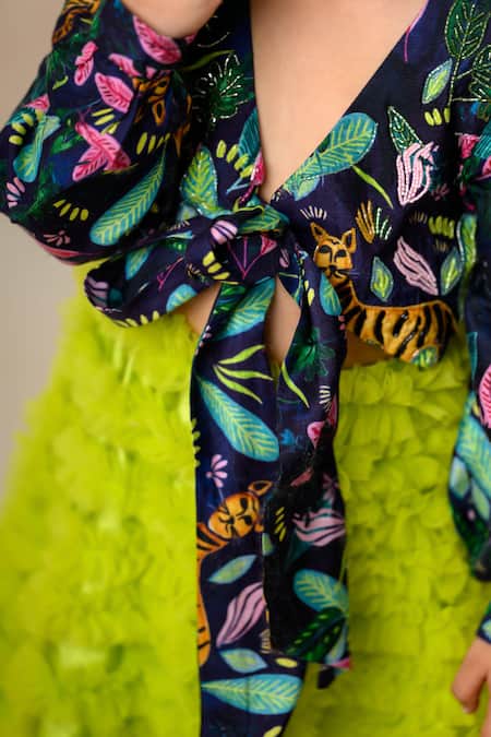 Thetaa_Blue Net, Silk Ruffles, Mystic Jungle Print Gown With Matching Headband _at_Aza_Fashions