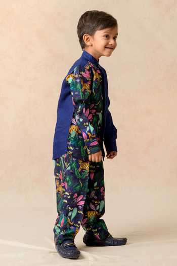 Shop Thetaa Blue Linen, Silk Wilderness Print Panel Shirt Online at Aza Fashions Shop_Thetaa_Blue Linen, Silk Wilderness Print Panel Shirt _Online_at_Aza_Fashions