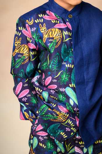 Thetaa Blue Linen, Silk Wilderness Print Panel Shirt at Aza Fashions Thetaa_Blue Linen, Silk Wilderness Print Panel Shirt _at_Aza_Fashions