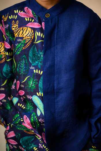 Buy Thetaa Blue Linen, Silk Wilderness Print Panel Shirt Buy_Thetaa_Blue Linen, Silk Wilderness Print Panel Shirt