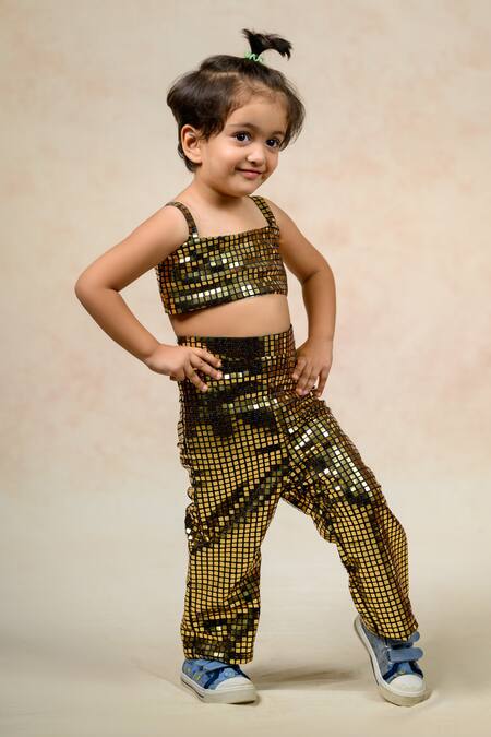 Thetaa_Gold Polyester, Silk Sequins Metallic Chip Embellished Tube Top Pant Set _Online_at_Aza_Fashions