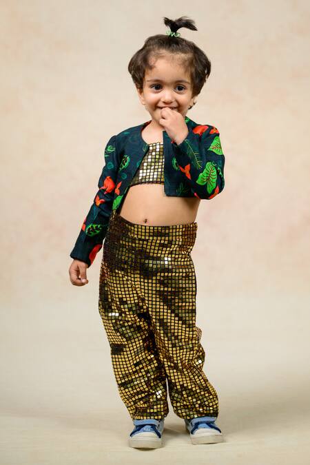 Shop_Thetaa_Gold Polyester, Silk Sequins Metallic Chip Embellished Tube Top Pant Set _Online_at_Aza_Fashions