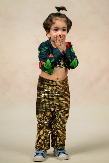 Thetaa_Gold Polyester, Silk Sequins Metallic Chip Embellished Tube Top Pant Set _at_Aza_Fashions