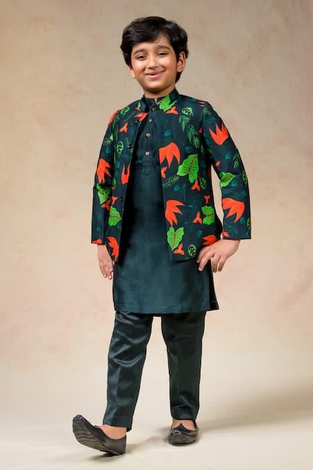 Momkidsfashion Green Cupro Silk Raging Lily Print Sherwani Pyjama Set 