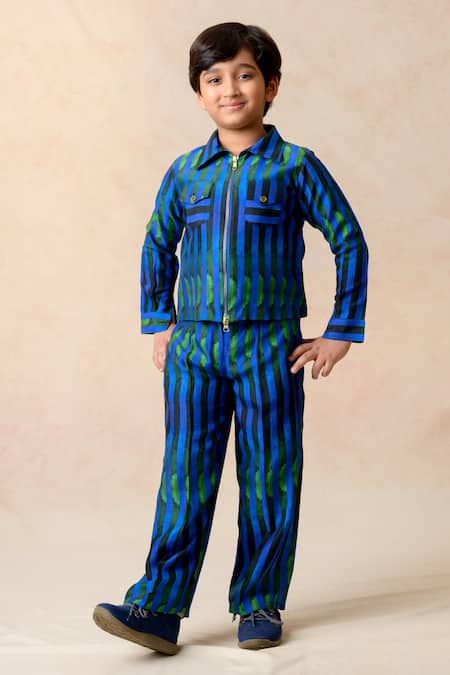 Thetaa Blue Cupro Silk Algae Watercolor Striped Print Shacket With Pant 