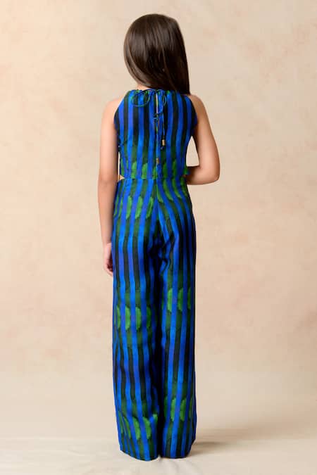Shop Thetaa Blue Silk Algae Watercolor Striped Halter Neck Jumpsuit at Aza Fashions Shop_Thetaa_Blue Silk Algae Watercolor Striped Halter Neck Jumpsuit _at_Aza_Fashions