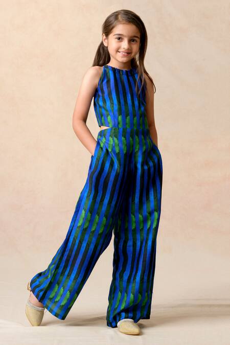 Thetaa Blue Silk Algae Watercolor Striped Halter Neck Jumpsuit Online at Aza Fashions Thetaa_Blue Silk Algae Watercolor Striped Halter Neck Jumpsuit _Online_at_Aza_Fashions