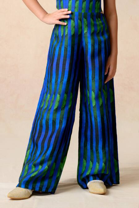 Buy Thetaa Blue Silk Algae Watercolor Striped Halter Neck Jumpsuit Online at Aza Fashions Buy_Thetaa_Blue Silk Algae Watercolor Striped Halter Neck Jumpsuit _Online_at_Aza_Fashions