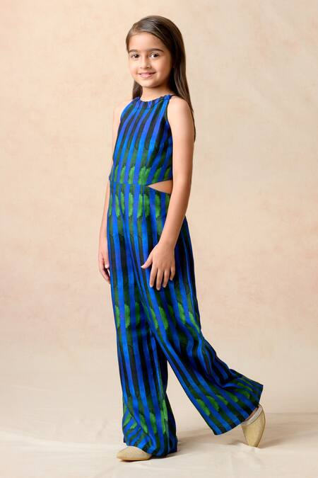 Shop Thetaa Blue Silk Algae Watercolor Striped Halter Neck Jumpsuit Online at Aza Fashions Shop_Thetaa_Blue Silk Algae Watercolor Striped Halter Neck Jumpsuit _Online_at_Aza_Fashions