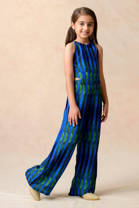 Thetaa Blue Silk Algae Watercolor Striped Halter Neck Jumpsuit at Aza Fashions Thetaa_Blue Silk Algae Watercolor Striped Halter Neck Jumpsuit _at_Aza_Fashions
