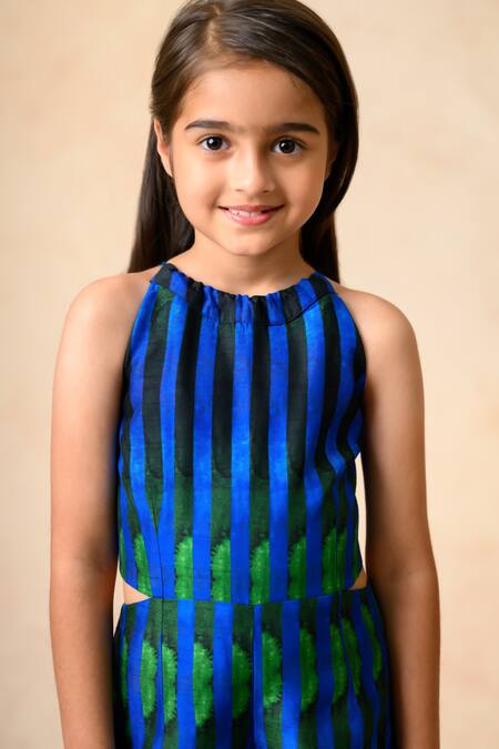 Shop Thetaa Blue Silk Algae Watercolor Striped Halter Neck Jumpsuit Shop_Thetaa_Blue Silk Algae Watercolor Striped Halter Neck Jumpsuit