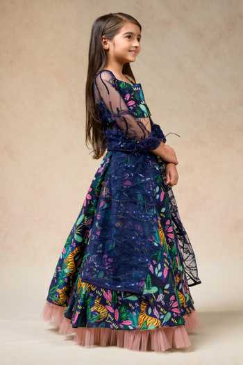 Thetaa_Blue Net, Silk, Cotton Sequins Backwoods Print Lehenga Blouse Set _Online_at_Aza_Fashions
