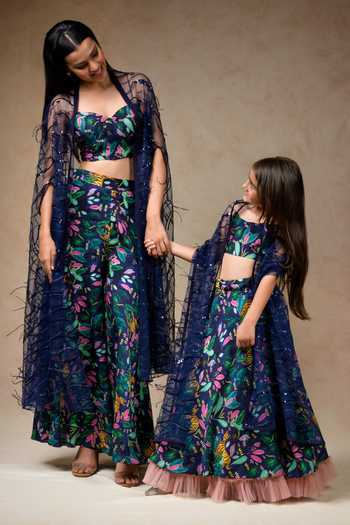 Buy_Thetaa_Blue Net, Silk, Cotton Sequins Backwoods Print Lehenga Blouse Set _Online_at_Aza_Fashions