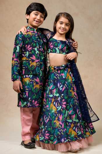 Shop_Thetaa_Blue Net, Silk, Cotton Sequins Backwoods Print Lehenga Blouse Set _Online_at_Aza_Fashions