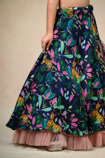 Thetaa_Blue Net, Silk, Cotton Sequins Backwoods Print Lehenga Blouse Set _at_Aza_Fashions
