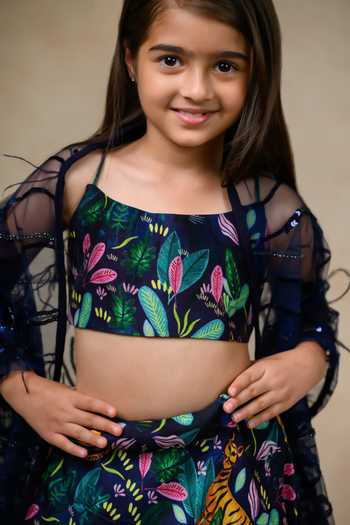 Shop_Thetaa_Blue Net, Silk, Cotton Sequins Backwoods Print Lehenga Blouse Set 