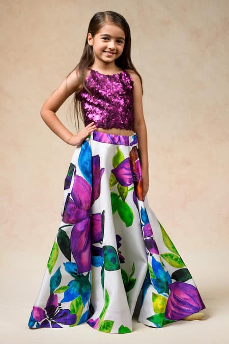 Thetaa_Purple Silk Organza, Silk, Net Sequins Bloom Print Lehenga Blouse Set _Online_at_Aza_Fashions