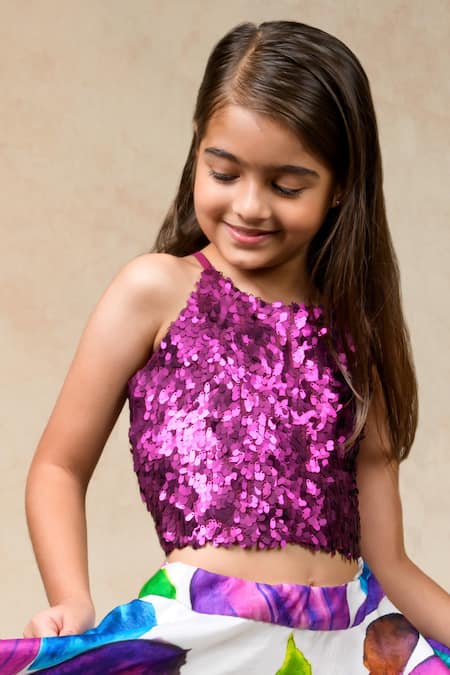 Shop_Thetaa_Purple Silk Organza, Silk, Net Sequins Bloom Print Lehenga Blouse Set _Online_at_Aza_Fashions