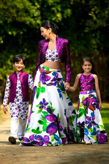 Buy_Thetaa_Purple Silk Organza, Silk, Net Sequins Bloom Print Lehenga Blouse Set 