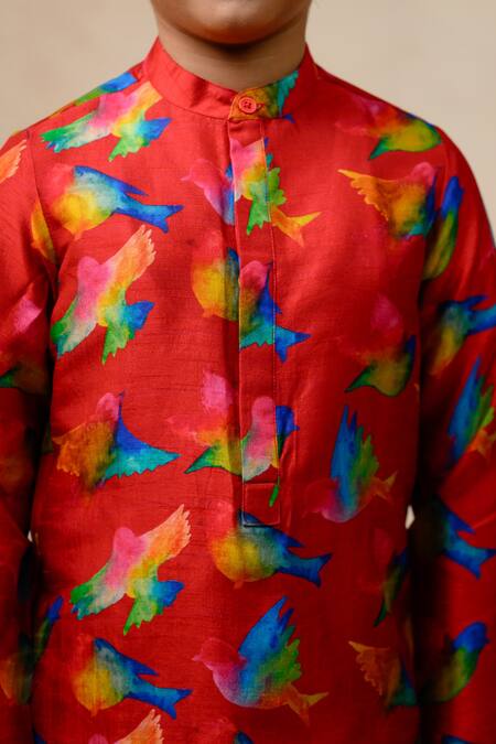 Shop_Thetaa_Red Chanderi Silk, Cotton, Polyester Fleeting Birds Print Sherwani Kurta Set _Online_at_Aza_Fashions