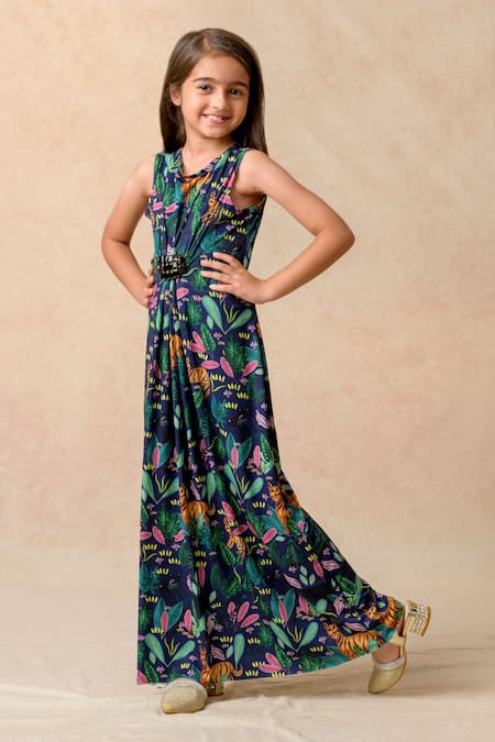 Momkidsfashion Blue Polyester Lycra Scrubland Print Ruched Maxi Gown 