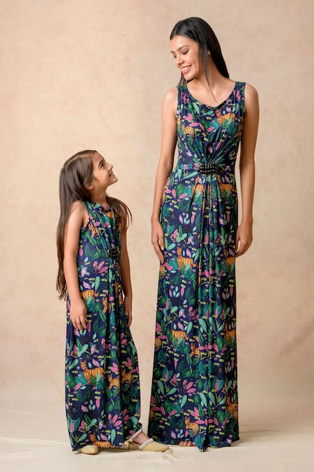 Thetaa_Blue Polyester, Lycra Scrubland Print Ruched Maxi Gown _Online_at_Aza_Fashions