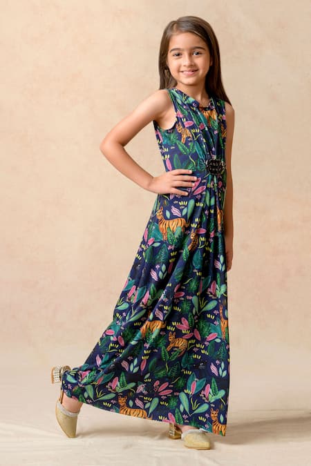 Buy_Thetaa_Blue Polyester, Lycra Scrubland Print Ruched Maxi Gown _Online_at_Aza_Fashions