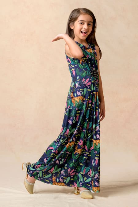 Shop_Thetaa_Blue Polyester, Lycra Scrubland Print Ruched Maxi Gown _Online_at_Aza_Fashions