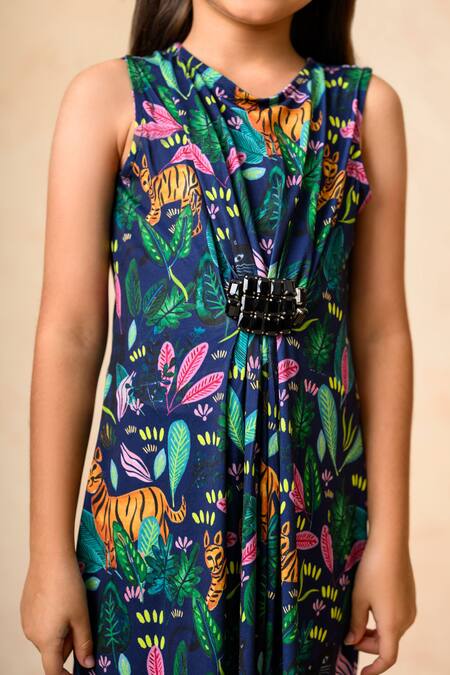 Thetaa_Blue Polyester, Lycra Scrubland Print Ruched Maxi Gown _at_Aza_Fashions