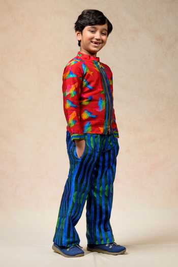 Shop Thetaa Red Cotton, Silk Chirpies Shacket With Algae Watercolor Striped Pant Online at Aza Fashions Shop_Thetaa_Red Cotton, Silk Chirpies Shacket With Algae Watercolor Striped Pant _Online_at_Aza_Fashions