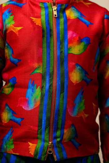 Thetaa Red Cotton, Silk Chirpies Shacket With Algae Watercolor Striped Pant at Aza Fashions Thetaa_Red Cotton, Silk Chirpies Shacket With Algae Watercolor Striped Pant _at_Aza_Fashions