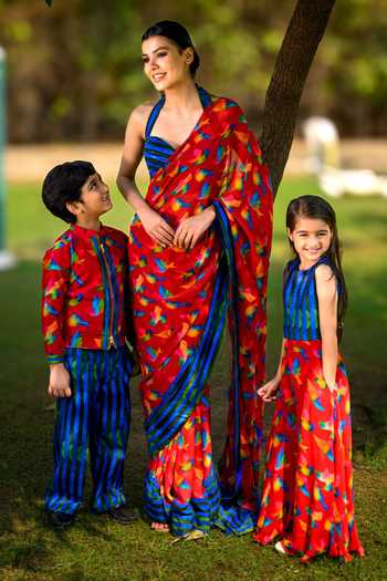 Buy Thetaa Red Cotton, Silk Chirpies Shacket With Algae Watercolor Striped Pant Buy_Thetaa_Red Cotton, Silk Chirpies Shacket With Algae Watercolor Striped Pant