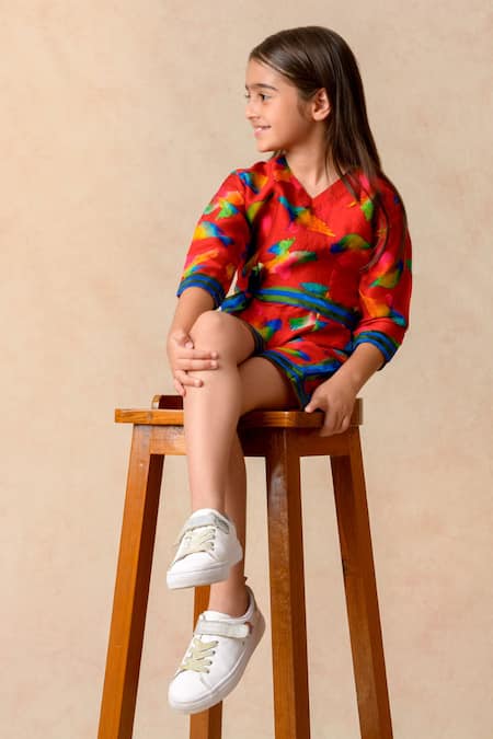 Buy_Thetaa_Red Silk Avifauna Print Short Jumpsuit With Striped Belt _Online_at_Aza_Fashions