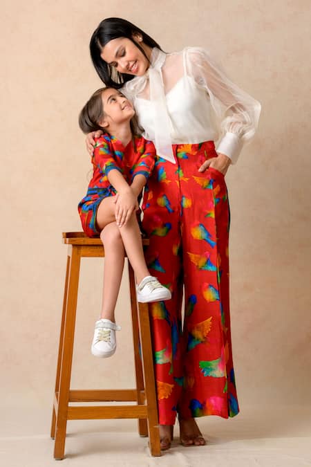 Shop_Thetaa_Red Silk Avifauna Print Short Jumpsuit With Striped Belt _Online_at_Aza_Fashions