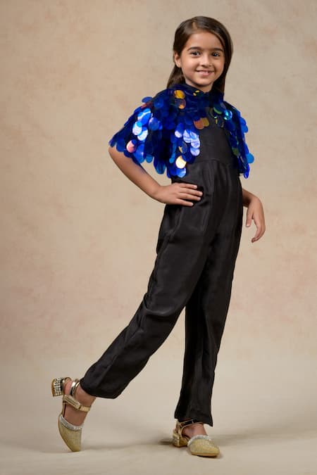 Thetaa_Black Cotton, Silk Sequins Solid Jumpsuit With Reflective Embellished Cape _Online_at_Aza_Fashions