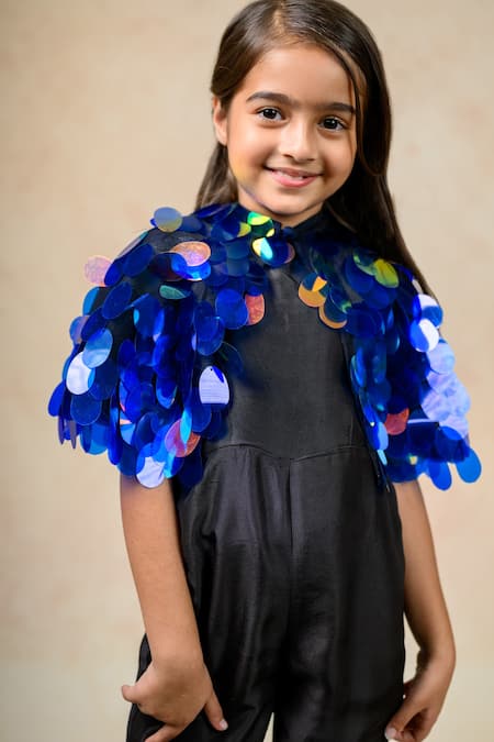 Shop_Thetaa_Black Cotton, Silk Sequins Solid Jumpsuit With Reflective Embellished Cape _Online_at_Aza_Fashions