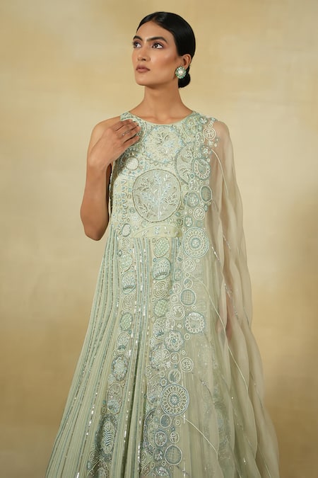 Buy_Megha Bansal_Green Chiffon, Silk Organza, Viscose Mir Vrit Embellished Anarkali With Dupatta _Online_at_Aza_Fashions