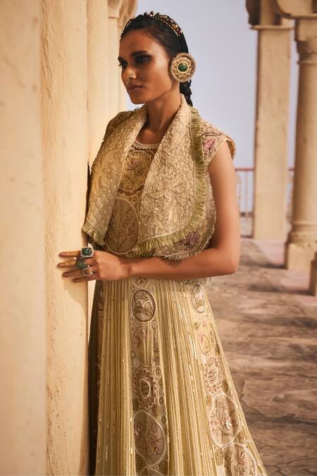 Megha Bansal_Beige Chiffon, Silk Satin, Mir Vrit Foliage Embellished Anarkali With Dupatta _Online_at_Aza_Fashions