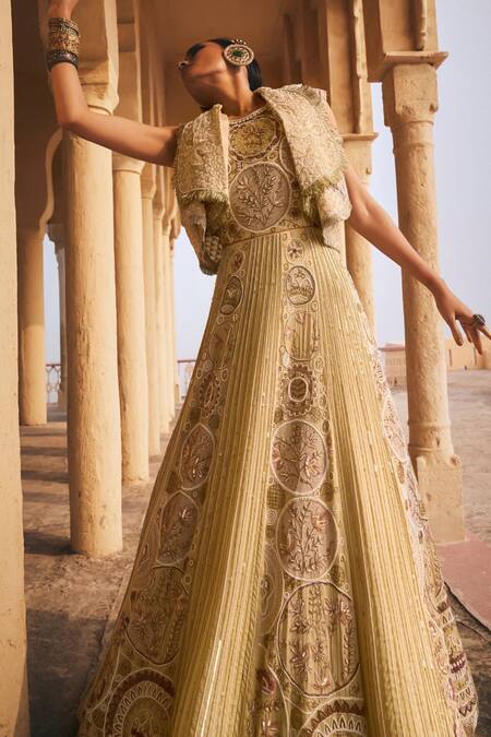 Buy_Megha Bansal_Beige Chiffon, Silk Satin, Mir Vrit Foliage Embellished Anarkali With Dupatta _Online_at_Aza_Fashions
