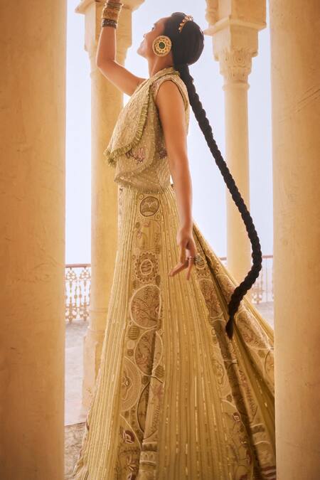 Shop_Megha Bansal_Beige Chiffon, Silk Satin, Mir Vrit Foliage Embellished Anarkali With Dupatta _Online_at_Aza_Fashions